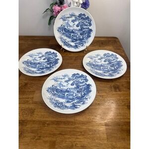 Vintage Wedgwood Countryside Blue Transferware Dinner Plates England China Retro